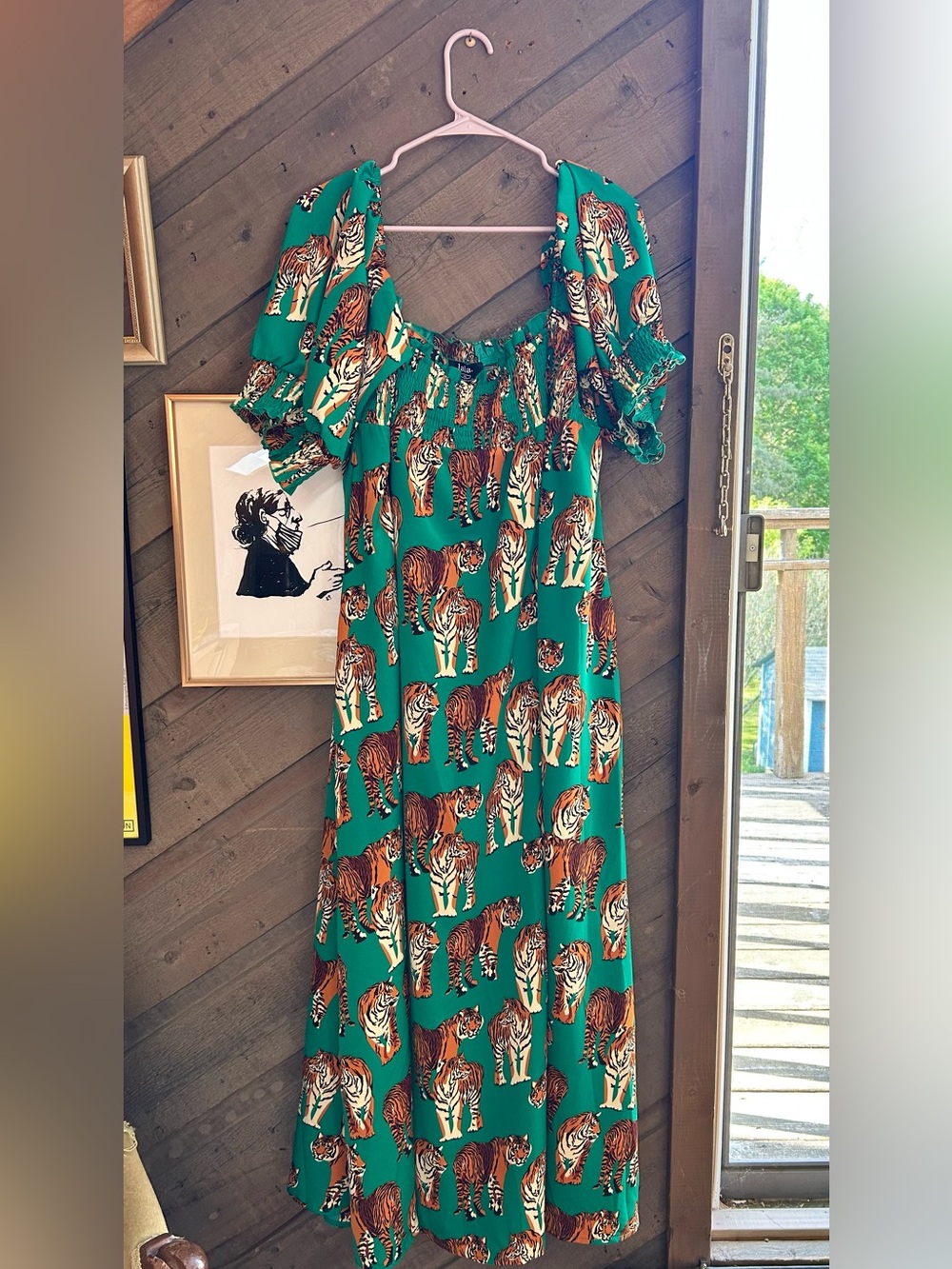 Dressed in Lala smock dress in teal/tiger print